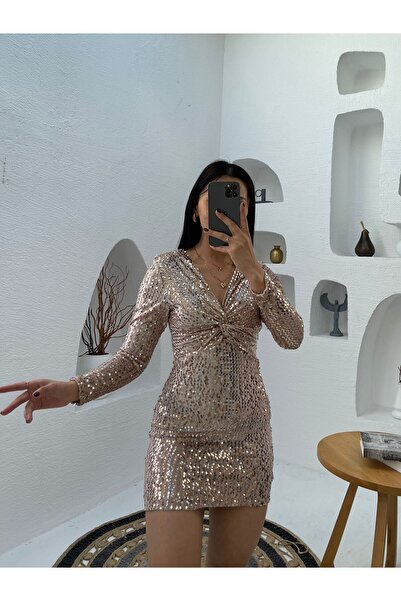 Nida Boutique Uzun Kol Düğüm Detaylı Kadife Pulpayet Kısa Elbise