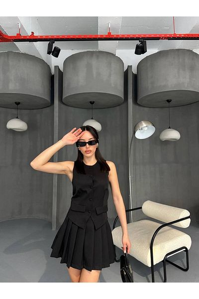 Julidress Black Vest and Pleated Mini Skirt Set