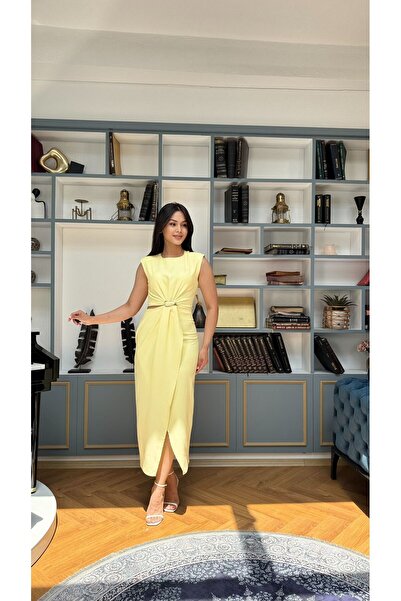 Nida Boutique Bel Dekolte Detaylı Önden Yırtmaçlı Sıfır Kol Double Kumaş Elbise