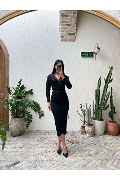 Nida Boutique V Yaka Pulpayet Eteği Drapeli Krep Elbise