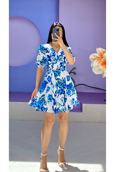 Nida Boutique Φόρεμα από ποπλίνα με μισό μανίκι με κουμπιά στη μέση και λαιμόκοψη σε σχήμα V