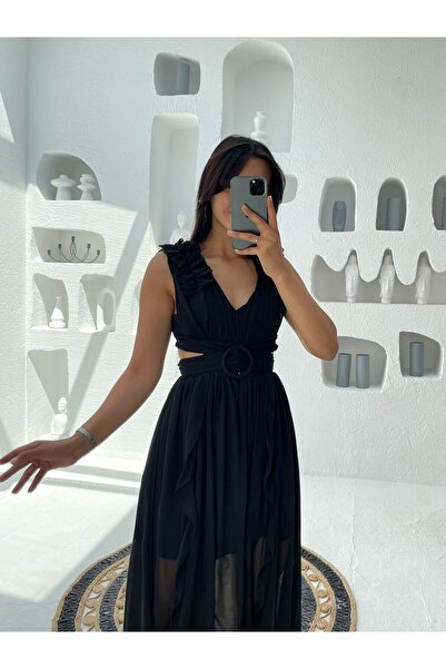 Nida Boutique Bel Sırt Dekolteli V Yaka Astarlı Yırtmaçlı Şifon Elbise