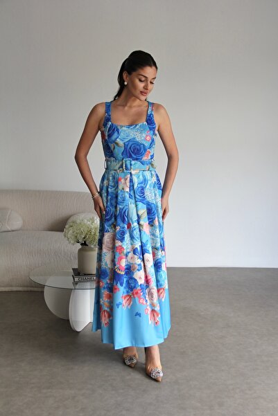 Julidress Rochie din satin cu design premium, cu bretele plisate albastre, cu modele florale, căptușită cu curea