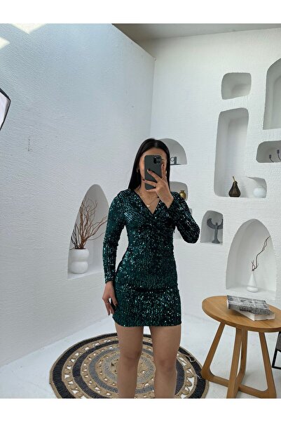 Nida Boutique Κοντό φόρεμα με μακρύ μανίκι με λεπτομέρεια από βελούδο παγιέτες