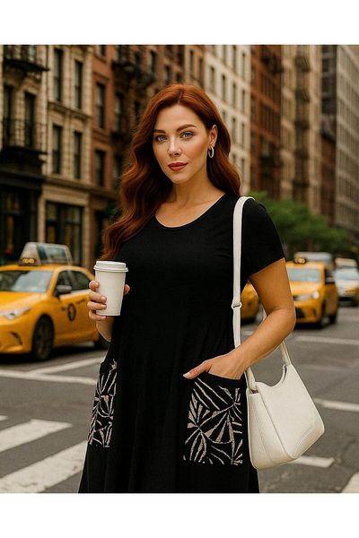 MODA Black Color Women's Summer Short Sleeve Viscosa Dress with Pocket