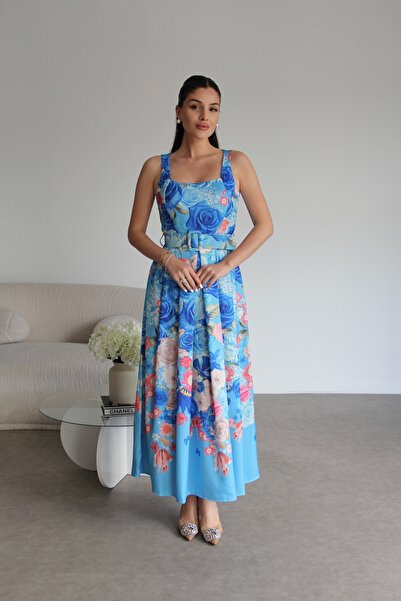 Julidress Rochie din satin cu design premium, cu bretele plisate albastre, cu modele florale, căptușită cu curea