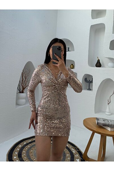 Nida Boutique Uzun Kol Düğüm Detaylı Kadife Pulpayet Kısa Elbise