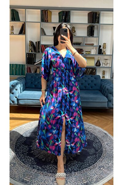 Nida Boutique Rochie din viscoză cu fantă cu decolteu în V, cu jumătate de mânecă, talie elastică în față