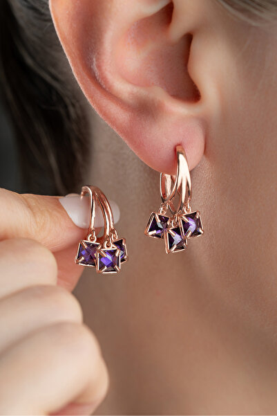 Silvano Jewelry 925 Ayar Gümüş Rose Mor Taşlı Küpe