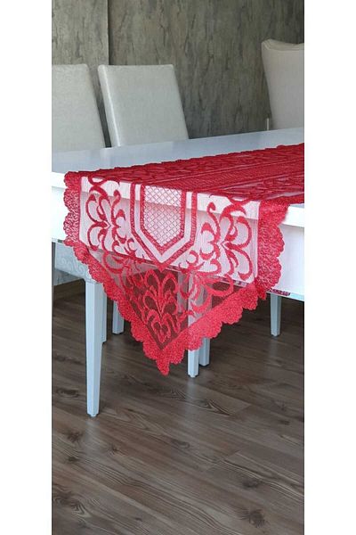 WENESSİ Ottoman Pattern Knitted Tulle Runner Cover 40x140 (RED)
