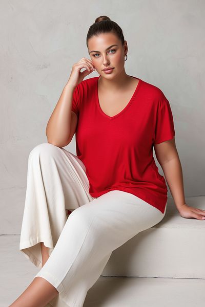 Hanezza Tricou rosu din vascoza din bumbac - cu fanta laterala, marime mare, seria Oeko-Tex