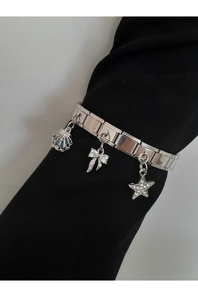 bijoux uniques Steel Italian Charm Bracelet with Blue Seashell, Pearl, Ribbon and Star Figures