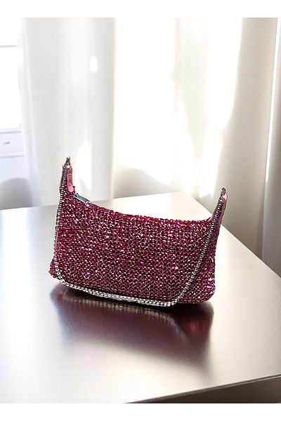 Katusa Women's Pink Glittery Mesh Knitted Chain Hand and Shoulder Bag