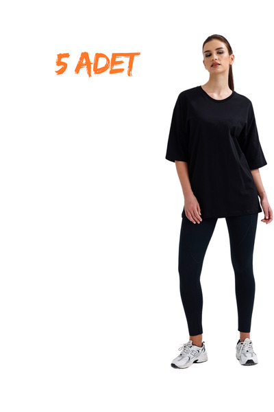 pxm Total 5 Pieces Plain Unprinted 100% Cotton Unisex Oversize T-Shirt Black