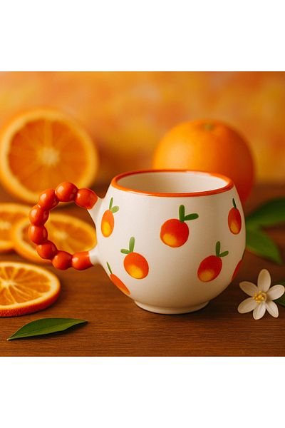 İZart Pearl Handle Detailed Special Embossed Orange Patterned Hand Embroidered Ceramic Mug