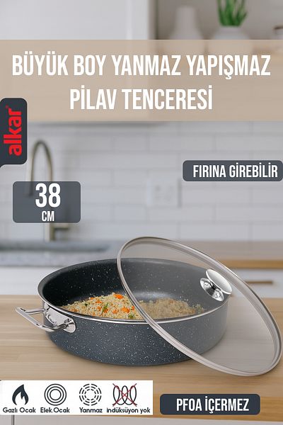 FİTHOME Industrial Type Granite Casting Large Size Workplace Restaurant Can Enter The Oven Rice Pot 34-36-38-40 CM