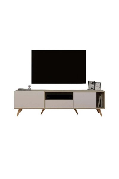 Generic Rectangular TV Table with Fixed Base 179 cm, Shelves and Drawers, Wooden and White Color