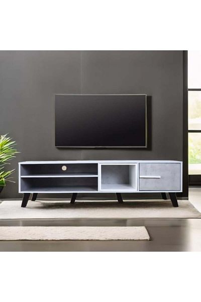 Generic TV Table 160 cm Wooden with Drawer and 2 Shelves - Gray and White