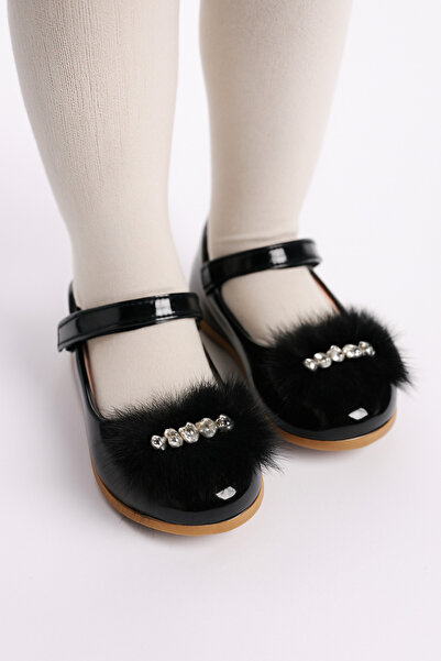 KATEYLER Balerini pentru fete din piele lacuita neagra cu pene, piatra si perle