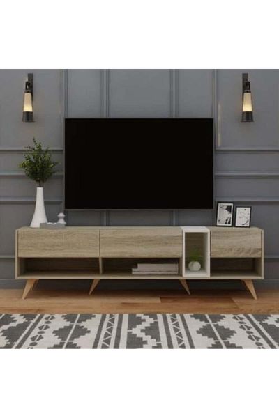 Generic Fixed Wooden TV Table with 3 Drawers and Shelves