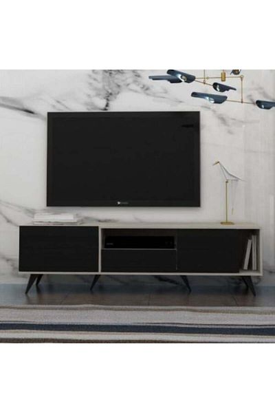 Generic Rectangular TV Table with Fixed Base 179 cm, Shelves and Drawers - Gray & Black