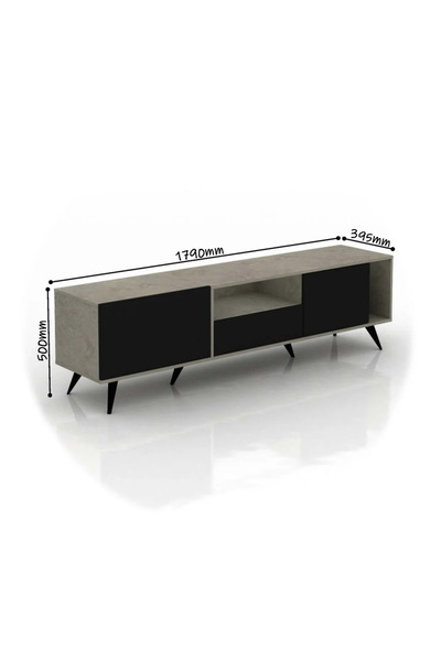 Generic Rectangular TV Table with Fixed Base 179 cm, Shelves and Drawers - Gray & Black