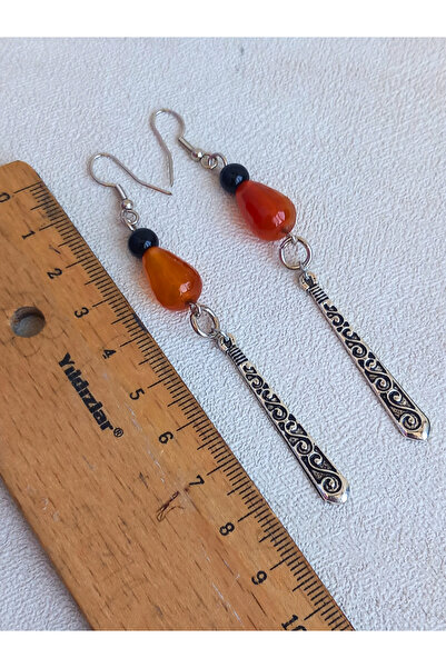 ayrestyle Red Agate and Onyx Stone Motif Stick Apparatus Silver Color Dangle Women's Earrings