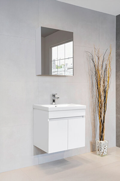 viesta banyo Star Banyo Dolabı Seti ( 60 Cm Parlak Beyaz Aynalı Lavabolu Mdf )