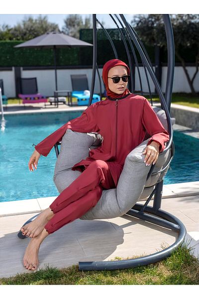 Mayom Claret Red Full Covered Water Repellent Fast Drying Side Adjustable Zippered Hijab Swimsuit