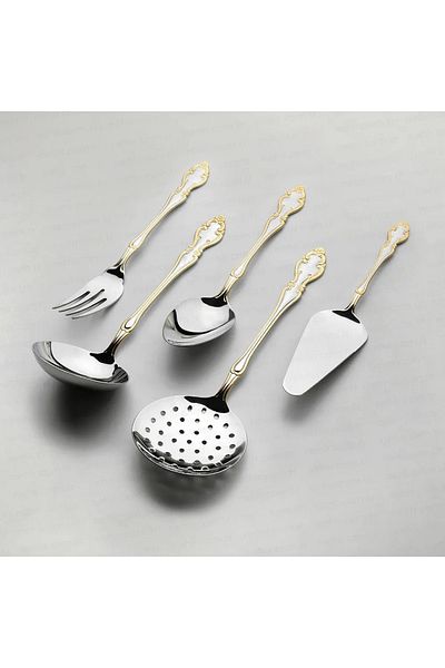 Nehir Adriana Gold Plain 5 Piece Stainless Steel Serving Set