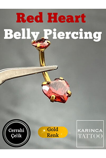 Karınca Piercing Kırmızı Kalp Gold Altın Rengi Göbek Piercing Premium 316L Cerrahi Çelik
