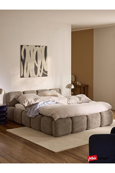 Mobilya Stant Most Oktagon Bazalı Mdf Karyola 180x200 Kahve Bukle Kumaş İşbir Kuştüyü Sünger(Evinize Teslim)