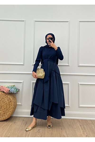 DEMET IRMAK Poplin - Krep Asimetrik Kemerli Balon Elbise