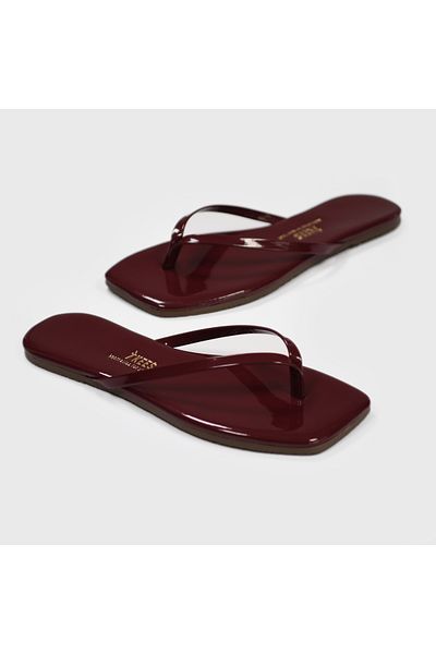 Tkees Papuci de casă pentru femei din piele lăcuită Burgundy Square Toe Casual Stylish