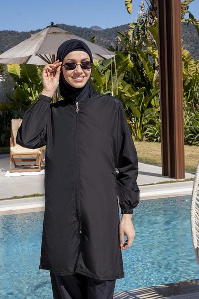 Mayom Black Full Covered Water Repellent Fast Drying Side Adjustable Zippered Hijab Swimsuit