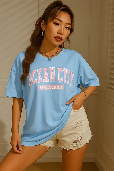 BENROMA 1 تي شيرت هدية عند شراء 6 أو أكثر في العربة - تي شيرت مطبوع عليه Ocean City مقاس كبير للجنسين