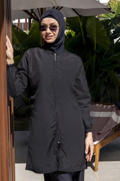 Mayom Black Full Covered Water Repellent Fast Drying Side Adjustable Zippered Hijab Swimsuit