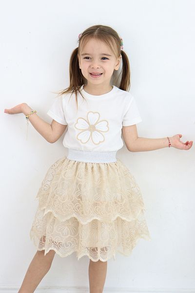 ESİLA KİDS Girls' Suit Floral Embroidery T-Shirt and Layered Lace Skirt
