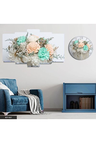 fabriflow exclusive Çiçekli Manzaralı Dekoratif Desenli Mdf Tablo  5 Parça Set Ve saatli