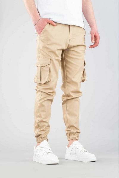 SERAZAT Men's Cargo Pocket Pants Beige Side Pocket Jogger Pants