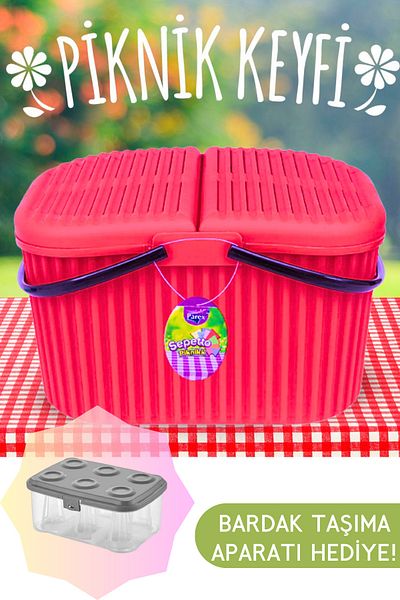 LİGROUND 30 Liter Colorful Large Handled Picnic Basket with Lid - Tea Glass Carrying Box Gift!