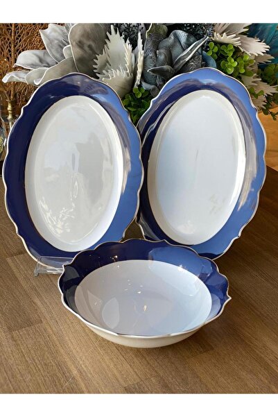 ROSSEV Navy Blue 3 Piece Serving Boat Plate and Bowl Set