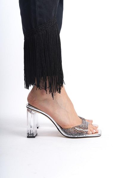 Niloshka Papuci de damă MELBOURNE Stoned Silver Metallic Transparenti