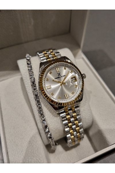 Daniel Klein Yellow Metallic Steel Bracelet Calendar Women's Wrist Watch+Gift Bracelet