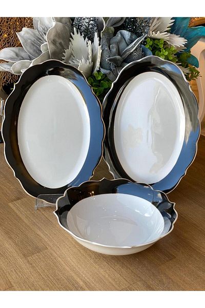 ROSSEV Black Serving Boat Plate and Bowl Set - 3 Pieces