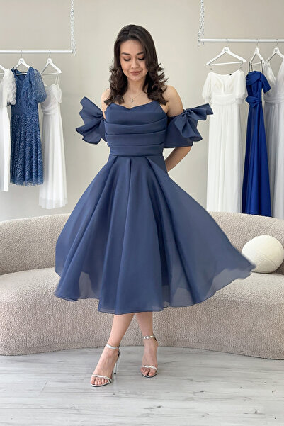 thezkscom Kadın Drapeli Boyundan Bağlamalı Fiyonk Kol Detay Kısa Abiye Elbise Bebe Mavi, Lacivert