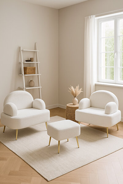 Zem Petra Çay Seti, Kırık Beyaz (2 ADET TEKLİ BERJER 1 ADET PUF)