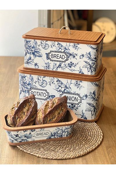 ROSSEV Blue 3-Piece Wooden Bread Pot Potato & Onion Storage Container