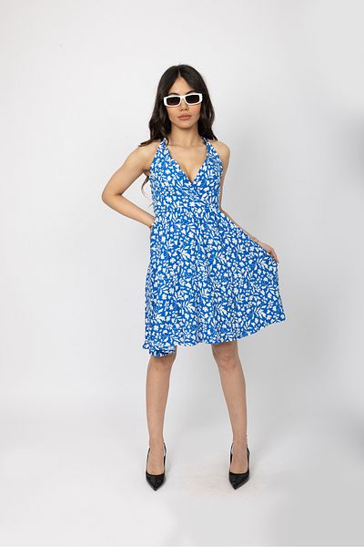 Stil Sepeti Rochie mini pentru femei, albastru, cu imprimeu floral, cu guler dublu, cu bretele TLL-1000546121