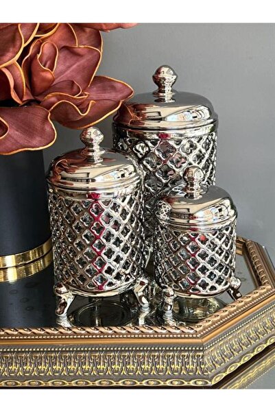 ROSSEV Wicker Vakum Kapaklı Kavanoz Set 3‘lü Gümüş